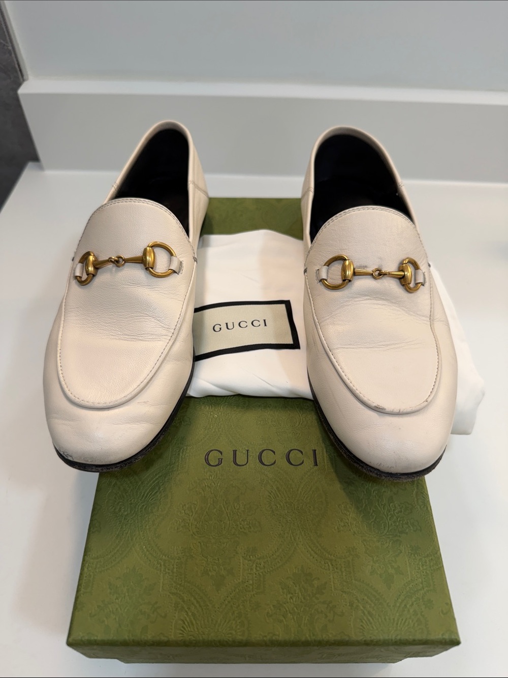 Gucci women’s Cream Leather Horsebit Slip-On Loafers